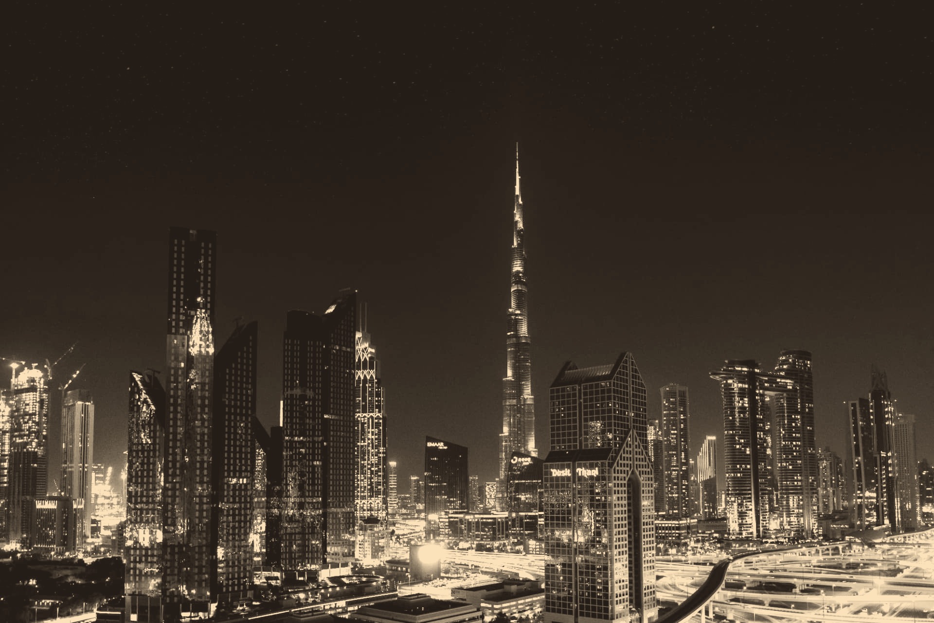 Dubai skyline at night with the Burj Khalifa